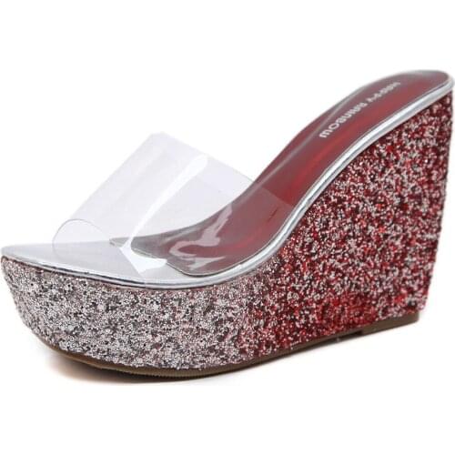 JINJOE Sexy High Heel Slipper shoes woman Sequins Thick Bottom Platform Slippers Sandals Summer Women Beach Wedges Shoes pumps