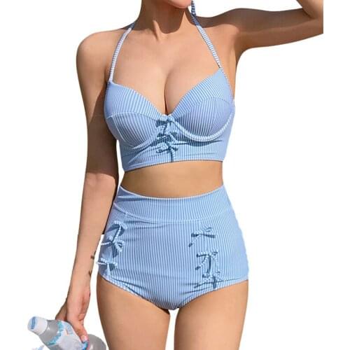 Stripes High Waist Bikini 2021 Swimsuit Women Bowknot Swimwear Padded Push Up Bikini Set Bathing Suit Biquini Beach Swim Wear