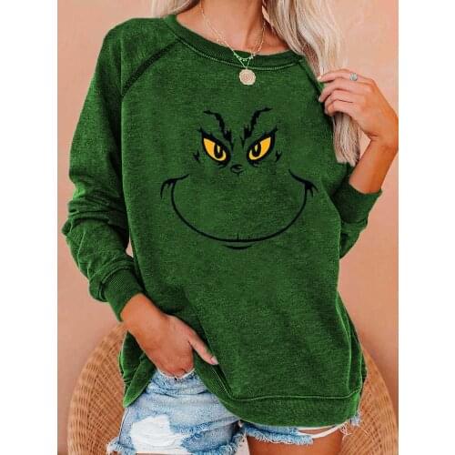 Merry Christmas Clothes Cartoon Graphic Sweatshirt Christmas Grinch Crew Neck Shirt Solid Color Festival Gift To Her Feamle Top