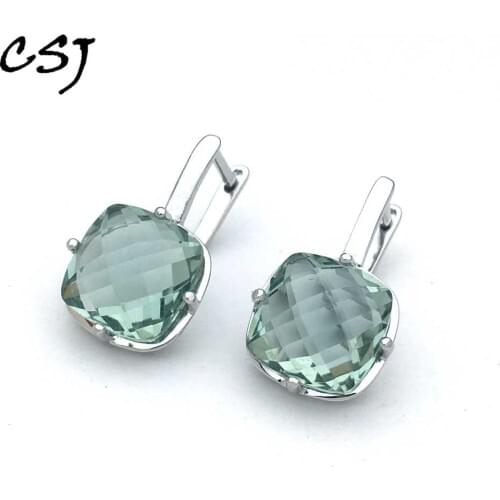 CSJ Natural Green Amethyst Earring Sterling 925 Silver Cushiom Cut 10mm 7Ct Fine Jewelry For Women Lady Party Gift Box