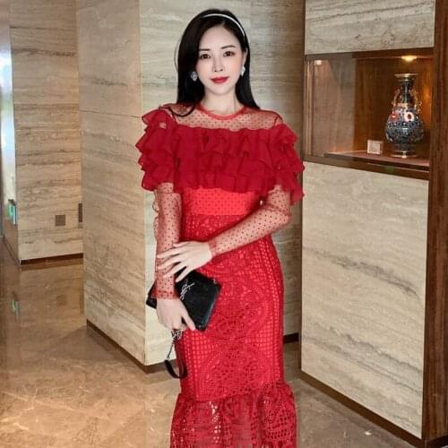 Sexy Red Lace Hollow Mermaid Dress 2021 Fashion Ladies Ruffle Stitching Tight Party Dress Robe Vestidos De Mujer Casual
