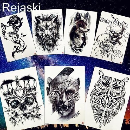 REJASKI Black Fox Wolf Girl Clown Temporary Tattoo Sticker Skull Crown Leopard Boy Owl Totem Waterproof Tattoos Art Fake Tatoo