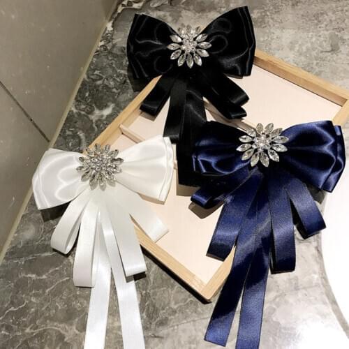 Super Flash Crystal Satin Women Brooches Collar Flower Long Ribbon Bow Neck Tie Pin Brooch Wedding Party Clothing Accessories