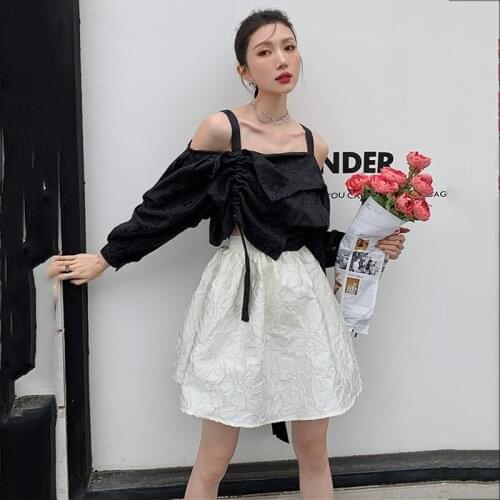 Women Sling skirt Slash Neck long sleeve Loose Fit Lady Shirts Fashion Tide Summer 2021 New Arrivals Z539