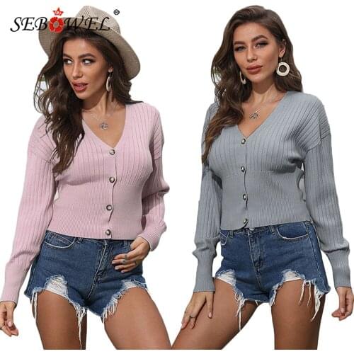 SEBOWEL Womens Fashion Short Style Button Knitted Cardigan Top Ladies Sweaters 2020 Spring Autumn Female Long Sleeve Sweater