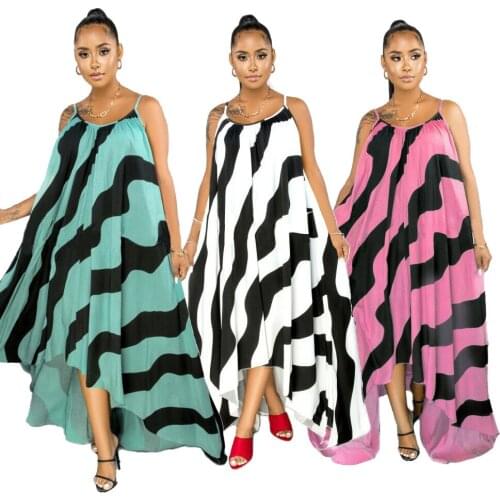 2021 Summer Off The Shoulder Dresses Womens Stripe Printed Mopping Irregular Hem Large Size Loose Ladies Sling Dress