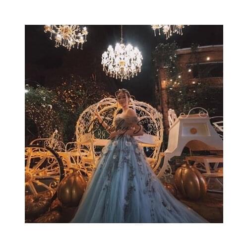 Garden Light Gray Blue 3D Floral Appliques Tulle Dresses Women Off Shoulder A-Line Draped Long Evening Prom-Gown Custom Made