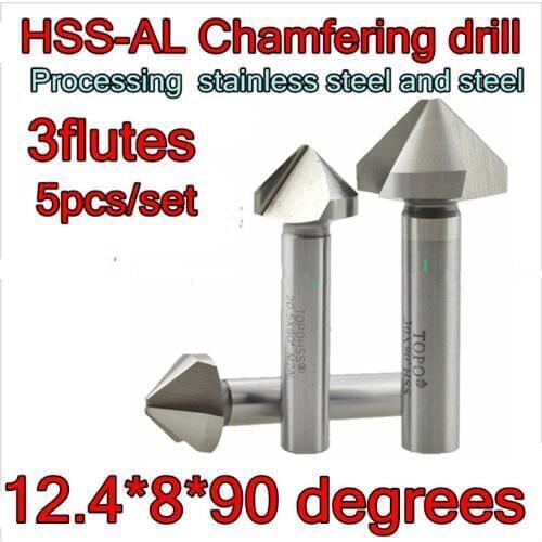 12.4*8*90 degrees 5pcs/set Hardness HRC62-64 3flutes HSS-AL Chamfering drill Processing stainless steel and steel Etc