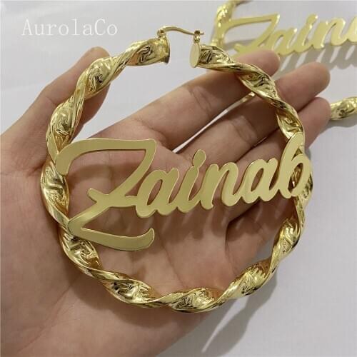 AurolaCo Custom Name Earrings 60/80/100mm Big Hoop Earrings Hip Hop Earrings Custom Stainless Steel Earrings for Women Gift