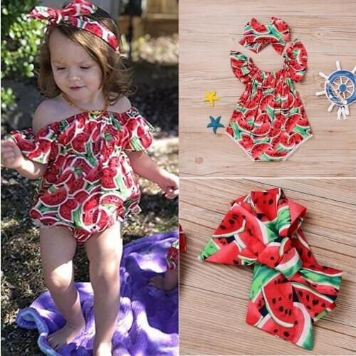 Newborn Baby Girls Clothes Watermelon print short sleeve round neck Bodysuit Bowknot Headband 2pc cotton casual summer set