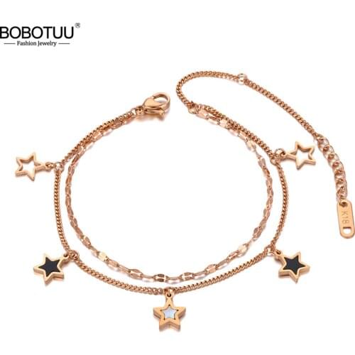 BOBOTUU Trendy Double Layer Stainless Steel 5Pcs Star Charm Bracelet For Women Bohemia Black Acrylic Chain Link Jewelry BB20180