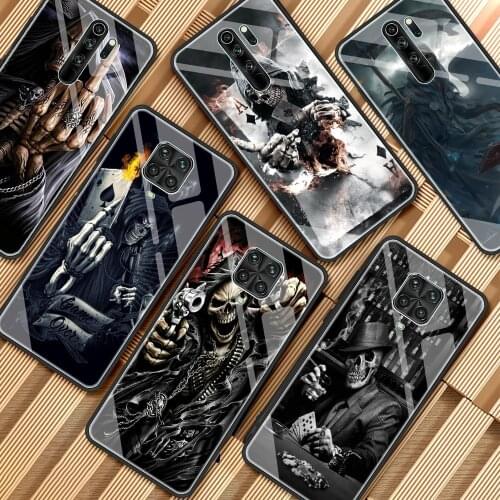 Glass Case For Xiaomi Redmi Note 9S 10 9 8 Pro 7 8T 9C Mi Poco X3 NFC 10T Lite 11 Soft Edge Phone Cover Grim Reaper Skull Funda