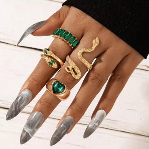 Docona 5pcs/set Luxury Crystal Cobra Open Finger Rings for Women Charms Green Rhinestone Heart Metal Ring Set Party Jewelry