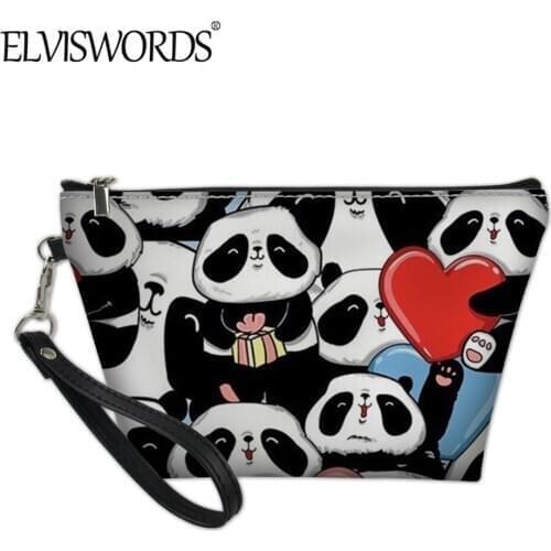 ELVISWORDS PU Leather Durable Cosmetic case Women Casual Cartoon Makeup bag Kawaii Panda Pattern Handbag Girls Pouch Case