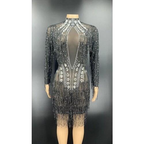 Silver Rhinestone Black Fringe Transparent Short Dress Birthday Celebrate Dress Prom Party DS Women Dancer Dress