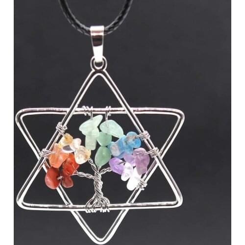 KFT Natural Healing Crystal Quartz Chakra Reiki Merkaba Stone Lucky Star of David Tree of Life Pendant Stone Necklace Jewelry