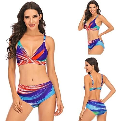 2020 Large Size XL to 5XL Swimsuit Printed Band Waist Straps Bikini Set High Waisted Striped Swimwear Female Bikinis Big Biquini