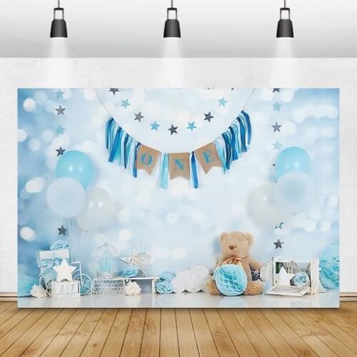 Laeacco Blue Stage 1st Birthday Party Polka Dot Light Bokeh Teddy Bear Flag Celebration Portrait Photo Background Photo Backdrop