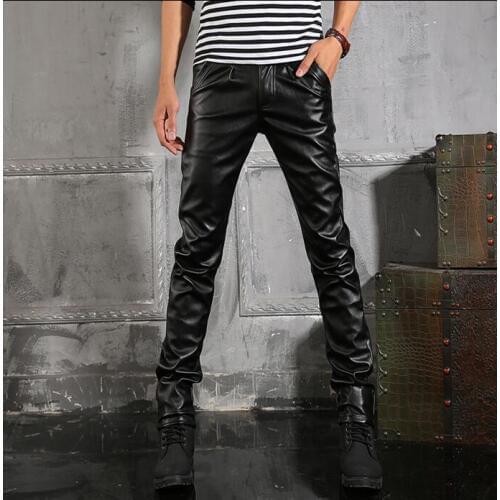 Motorcycle pants men skinny trousers casual thermal leather pants for men autumn winter plus velvet thicken straight stitching