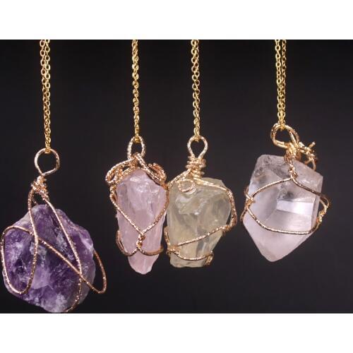 New Classic Handmade Twining Irregular Natural Stone Pendant Purple Crystal Pink Quartz Crystal Necklace For Women