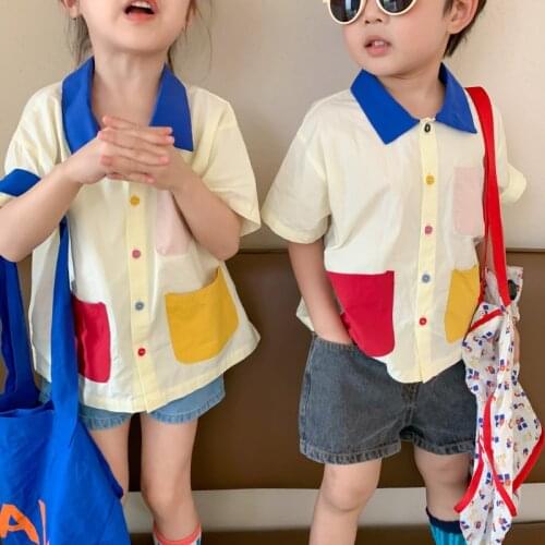 MILANCEL 2021 Summer New Kids Clothes Patchwork T-shirt Turn-down Tees Long Sleeve Tops for Sisters and Brothers Girls Tees