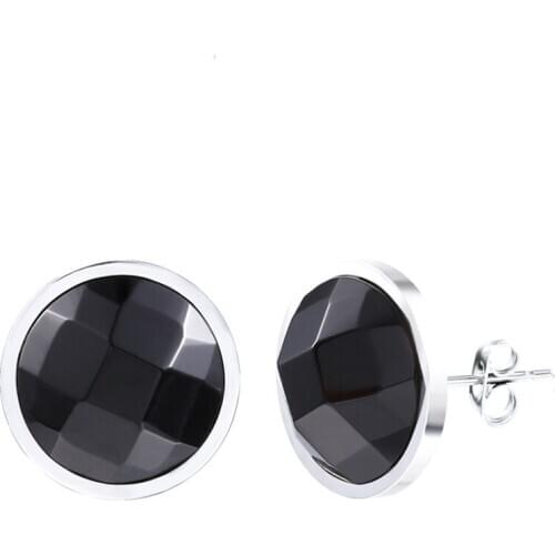 RIR Fashion Women Glossy Black Stone Stud Earrings Round Minimalist Jewelry with Hypoallergenic Surgical Stainless Steel