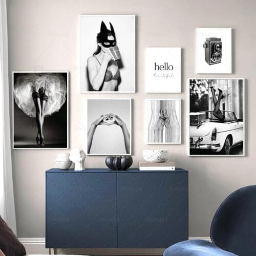 Vintage Sexy Girl Canvas Painting Black White Hand Heart Car Camera Quotes Poster Wall Art Nordic Pictures for Living Room Decor