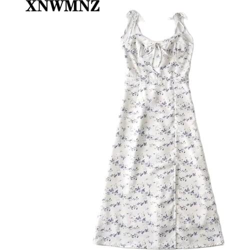 XNWMNZ Elegant Adjust Spaghetti Straps Vestido Cute Purple Floral Print Women Midi Dress Vintage Elastic Bust Side Split Dress