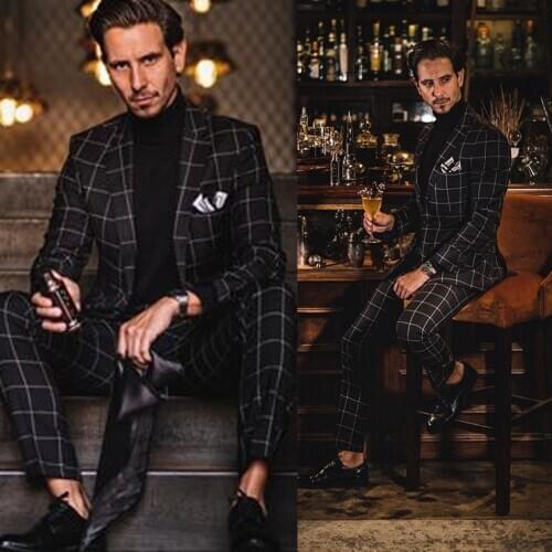 Black Check Mens Suits High Quality Slim Fit One Button Groom Plaid Wedding Tuxedos Best Man Prom Blazer Suit 2 Pieces