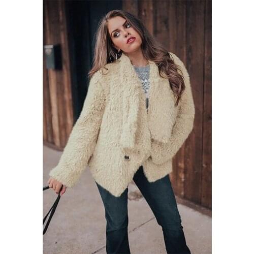 Winter Women Clothing Warm Plush Coats Female Baggy Full Sleeve Lapel Faux Fur Jacket Turn Down Collar Button Cardigans Overcoat