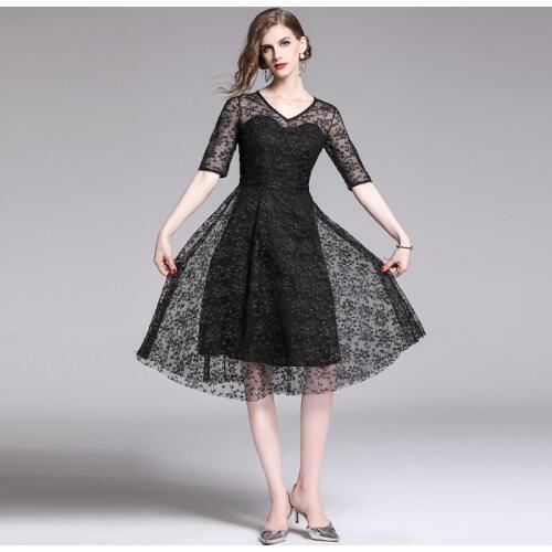Woman Dresses 2021 half Sleeve V- Neck Party Wear Casual A-line Sexy Black Lace Dress Plus Size S-2XL