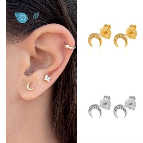 925 Sterling Silver Moon Stud Earrings for Women Gold Silver Color CZ Crystal Prevent Allergy Earrings Simple Jewelry Gift
