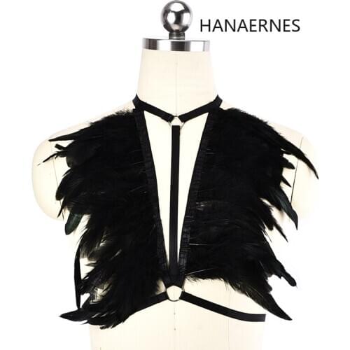 HANAERNES Girl body harness strappy bra chest feather gothic bar carnival dance wear belt ropa interior femenina sexy erotica