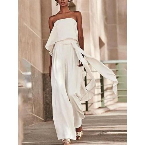 White Summer Womens Jumpsuit Off the Shoulder Lace Up High Waist Suit Elegant Causal Pants Suit Office Lady Plus Size 2021