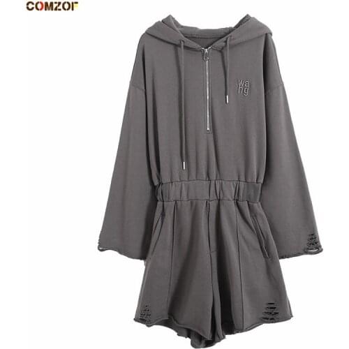 New Arrival Embroidery Letters Hole Women Jumpsuit Long Sleeve Autumn Shorts Vintage Hoodies Bodysuit Macacao Feminino