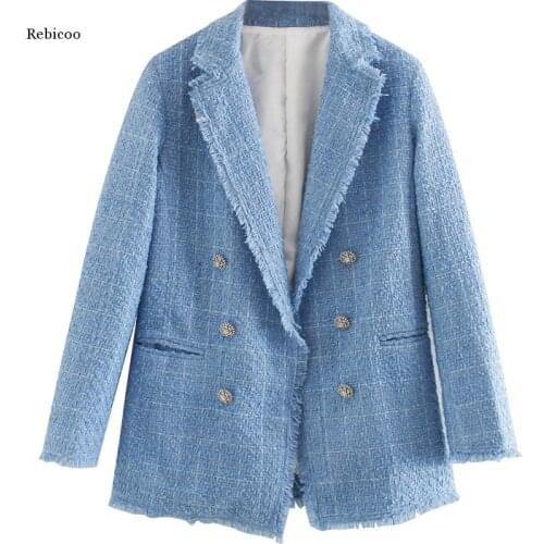 Blue twill tweed jacket vintage lattice women suit jackets ladies asymmetrical double breasted coat