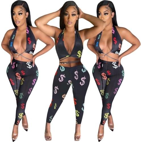 Echoine Woman Sexy Symbol Print Sleeveless Deep V-neck Halter Neck Backless Lace Up Crop Tops Pencil Pants Casual Outfits Summer