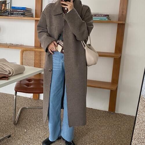 2021 New Retro Blends Women Solid Coats Single Breasted Wool Winter Outwear Elegant Loose Female Casual Long Clothe