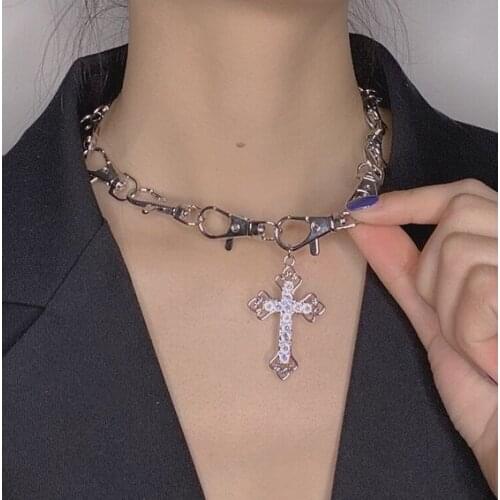 Hip-hop Full Diamond Cross Necklace Personality Cool Keychain Clavicle Chain Accessories for Women