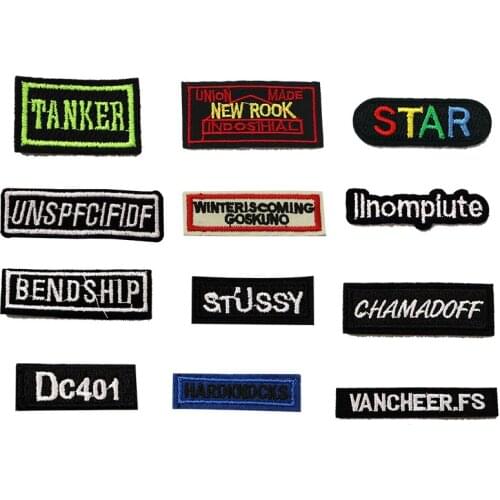 2 pieces Embroidery Sewing Patch Rectangular Black And White English Logo Ironing Heat Transfer Stripe Badge Clothes Cap DIY