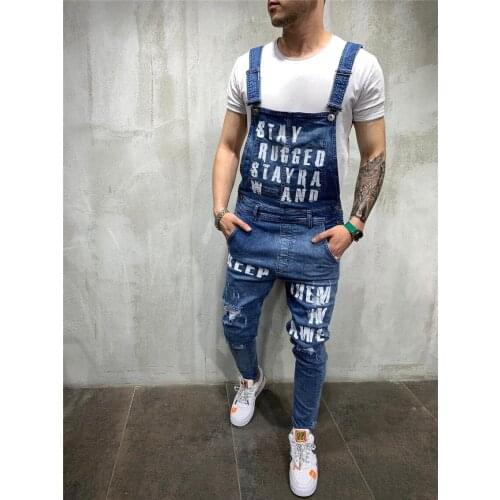 2021 Fashion Mens Ripped Jeans Jumpsuits Ankle Length Letter Printing Distressed Denim Bib Overalls For Men Suspender Pants