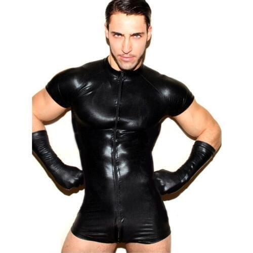 Mens Black Mesh Patent Leather Zipper Bodysuit Sexy Short Sleeve Open Crotch Skin Tight Catsuit Male Clubwear Costume Plus Size