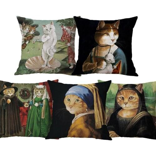 Cat Cosplay Decorative Cushion Cover Animal Oil Painting Beige Linen Throw Pillows Case 45X45cm Home Room Sofa Decoration