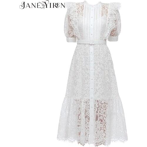 Janeyiren designer summer Women dress applique Perspective sexy Vintage ruffled fashion lace dress