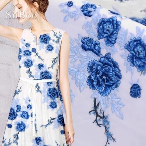 Chinese style 3D blue floral embroidery silk fabric for dress coat floral jacquard tissue for sewing cloth tela tecidos SP4592