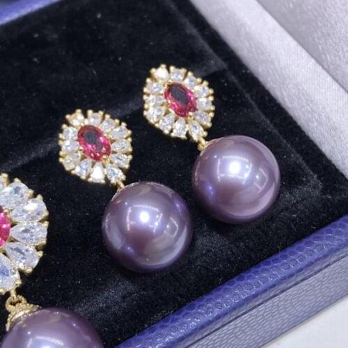 D523 Pearl Set Fine Jewelry 925 Sterling Silver Round 9-12mm Nature Fresh Water Purple Pearls Jewelry Sets for Women Presents