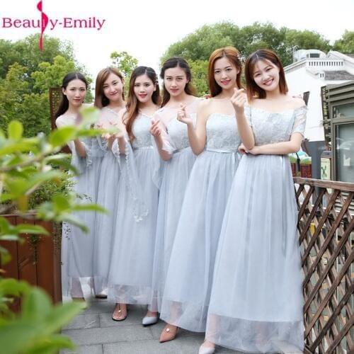 Beauty Emily Charming O Neck Long Flare Sleeve Bridesmaid Dress 2019 Cheap Champagne Floor Length Wedding Guest Dress Real Photo