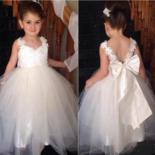 Beautiful Ivory Long Princess Lace Top Tulle Toddler Girls Dress Wedding Party Flower Girl Dresses
