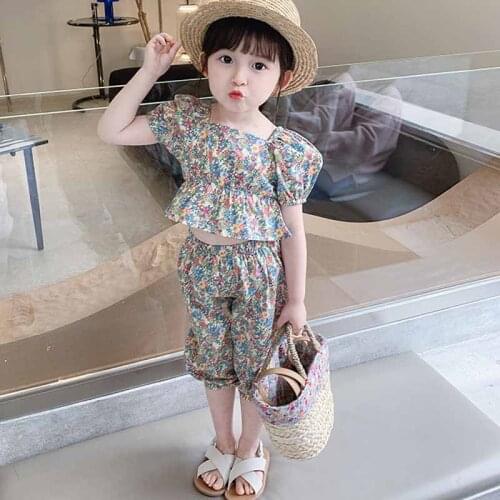 Girls Summer Suit 2021 New ChildrenS Korean Version Of The Virgin Baby Kids Bubble Sleeve Floral Two-Piece Clothing Set