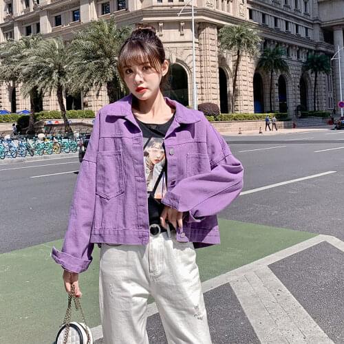 Fashion Women Purple Denim Jackets Streetwear Korean Casual Loose Short Jean Coat Tops 2021 Spring Autumn Female Tops Outerwear